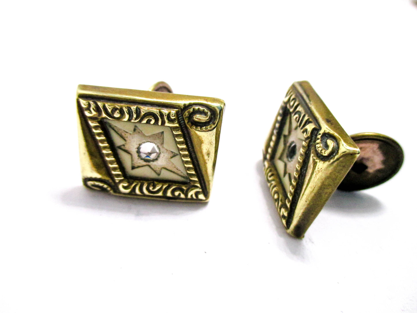 Victorian Cuff Buttons - Yellow Gold Tone, Rhombus Design