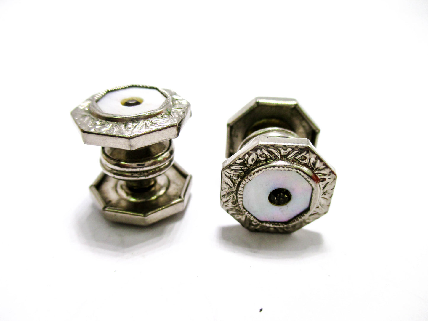 1920s mother of Pearl - Silver Tone Cuff Links with Rhinestone Centers