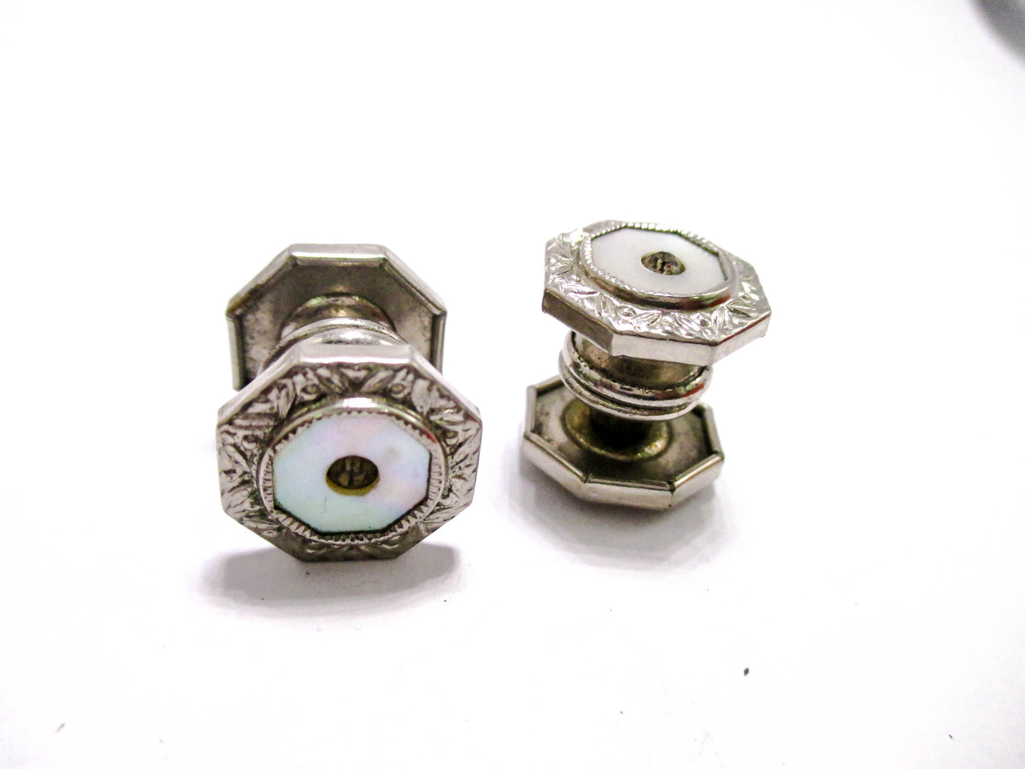 1920s mother of Pearl - Silver Tone Cuff Links with Rhinestone Centers