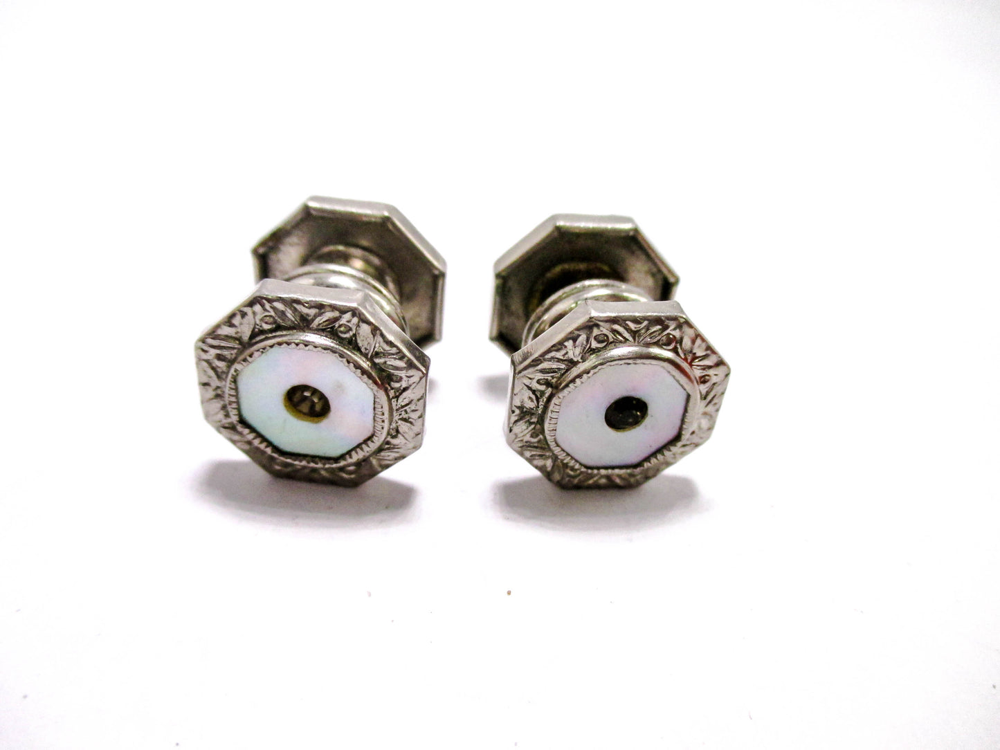1920s mother of Pearl - Silver Tone Cuff Links with Rhinestone Centers
