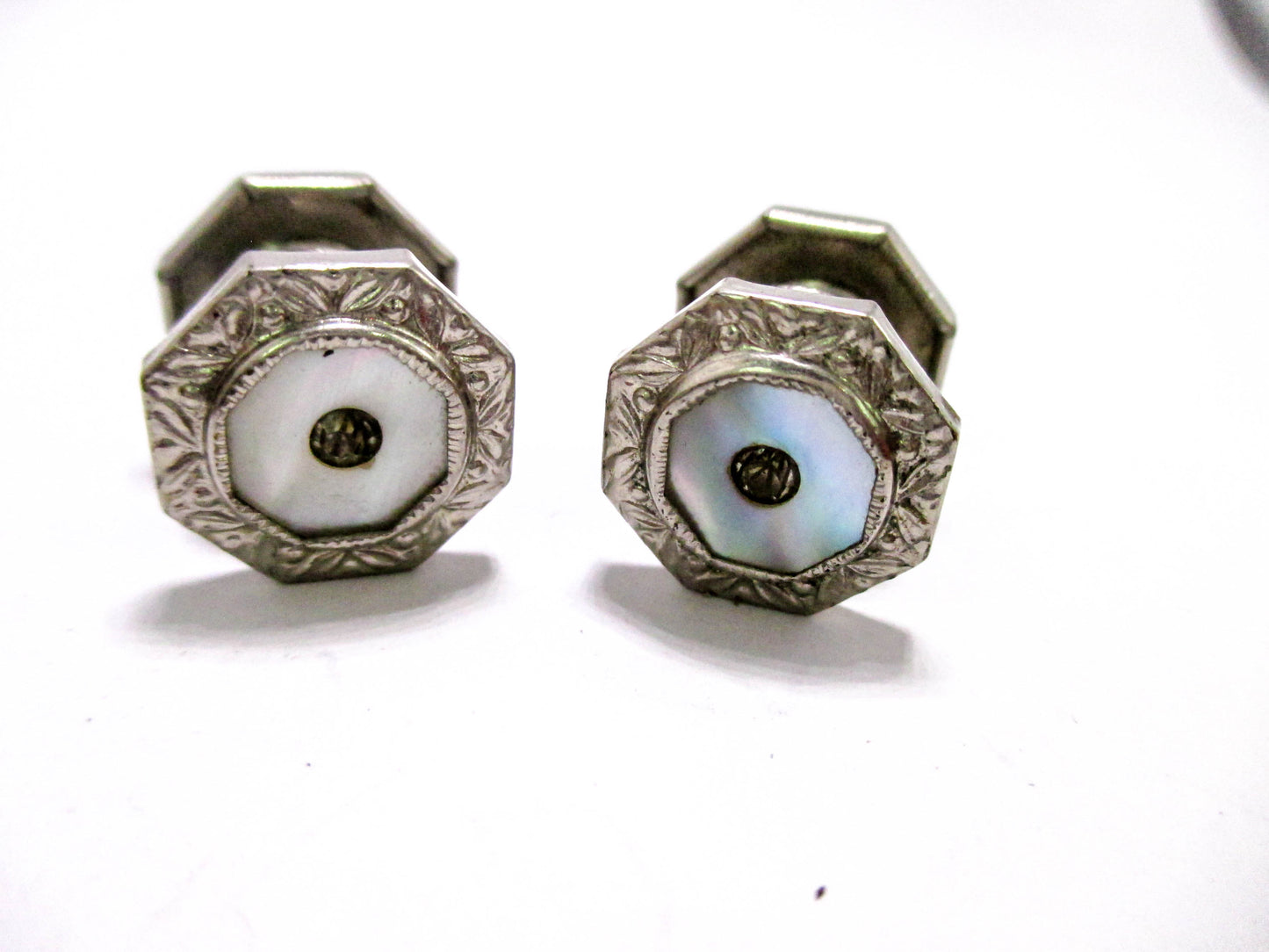 1920s mother of Pearl - Silver Tone Cuff Links with Rhinestone Centers