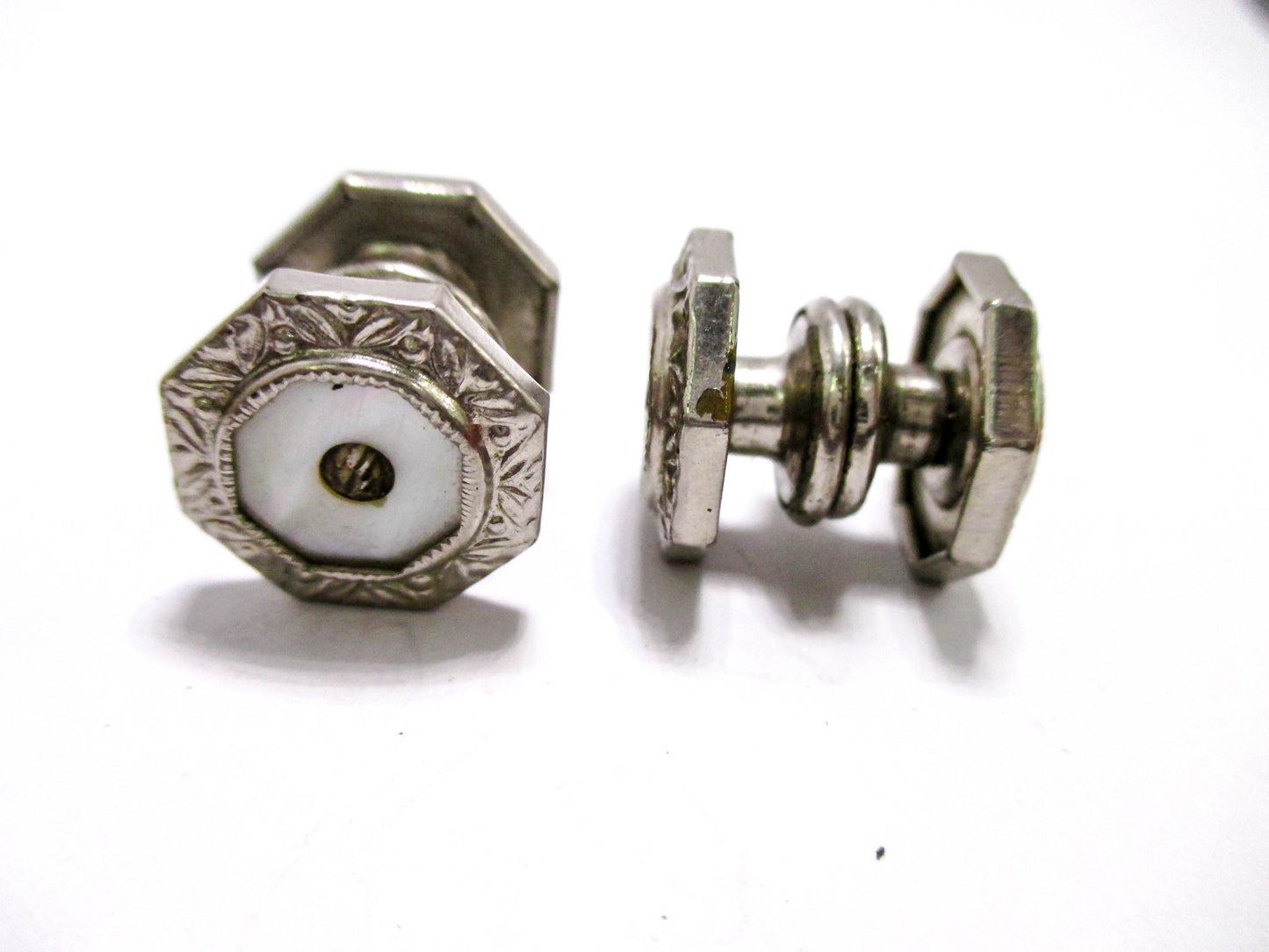 1920s mother of Pearl - Silver Tone Cuff Links with Rhinestone Centers