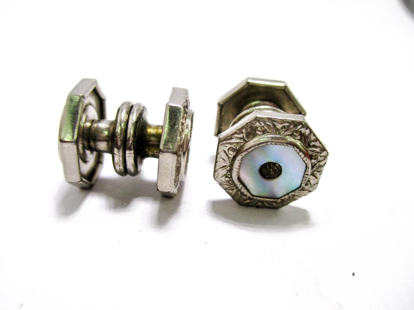 1920s mother of Pearl - Silver Tone Cuff Links with Rhinestone Centers
