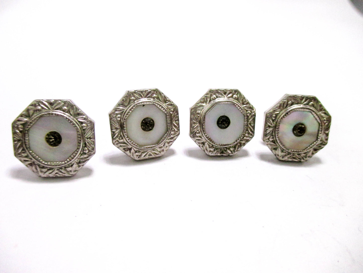 1920s mother of Pearl - Silver Tone Cuff Links with Rhinestone Centers