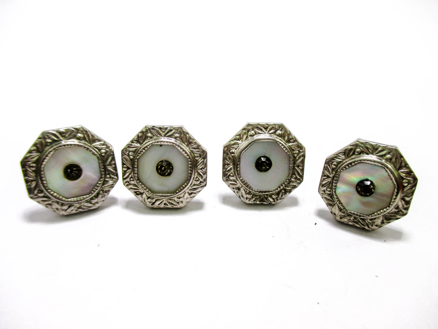 1920s mother of Pearl - Silver Tone Cuff Links with Rhinestone Centers