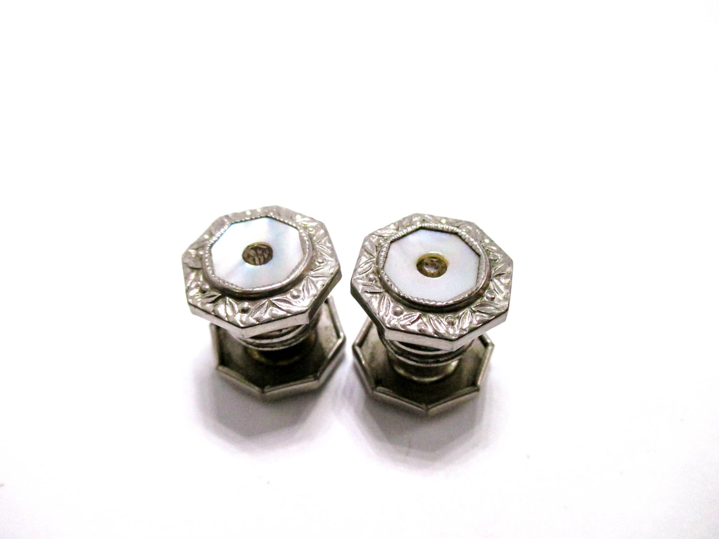 1920s mother of Pearl - Silver Tone Cuff Links with Rhinestone Centers