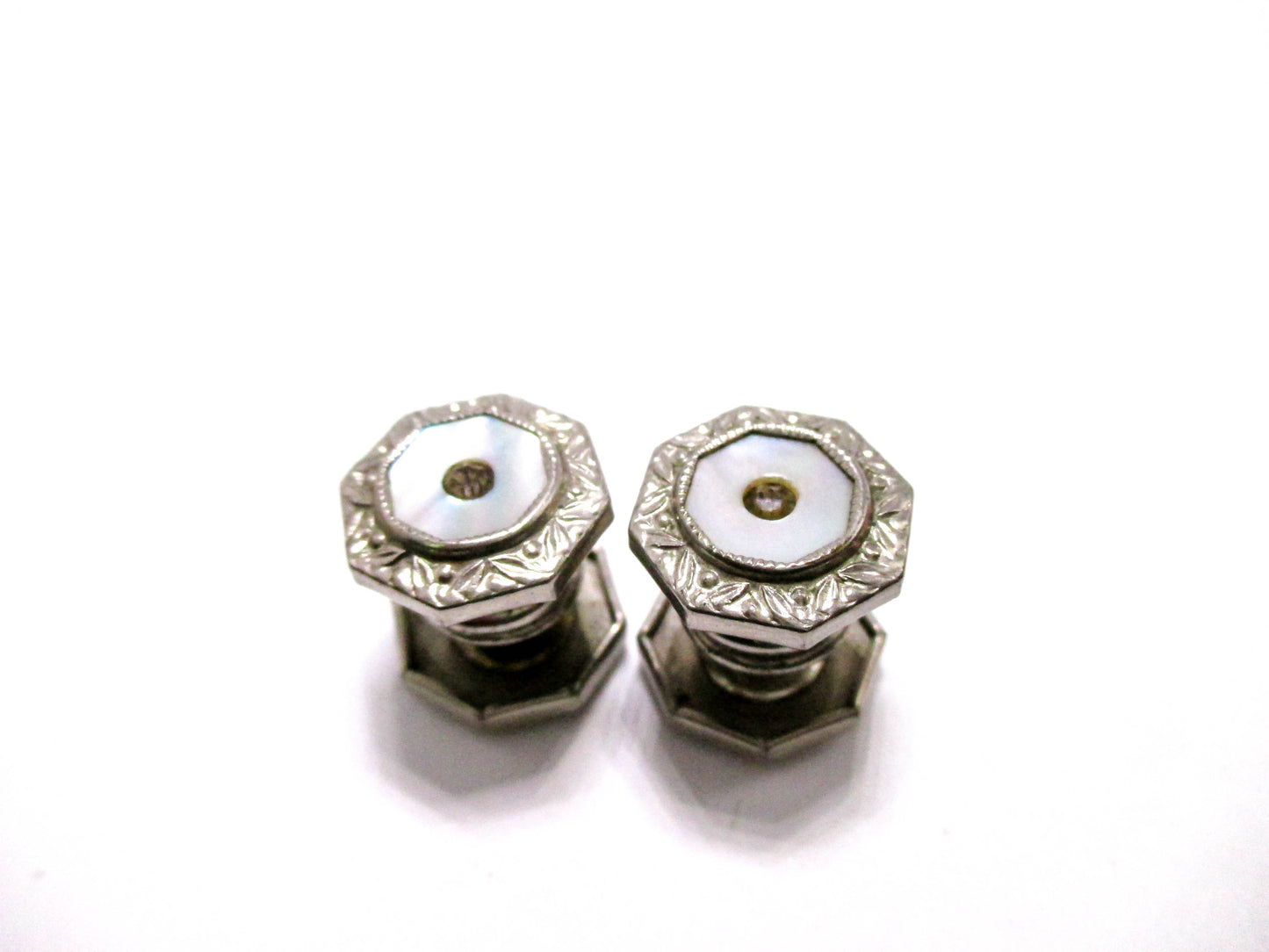 1920s mother of Pearl - Silver Tone Cuff Links with Rhinestone Centers