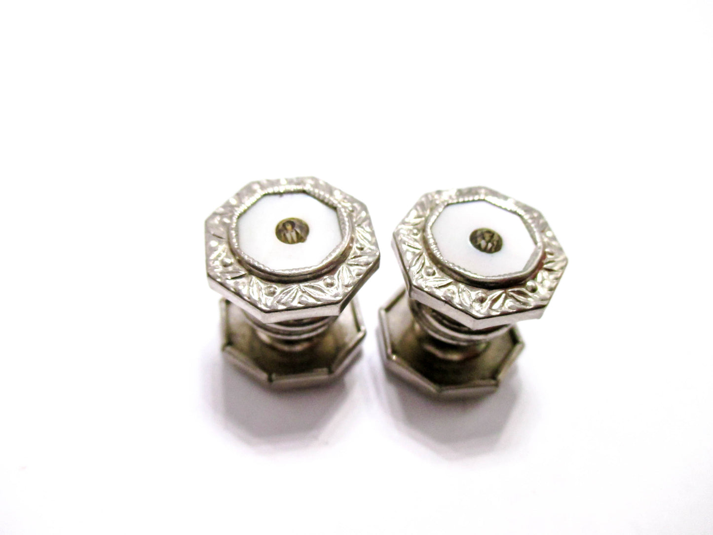1920s mother of Pearl - Silver Tone Cuff Links with Rhinestone Centers