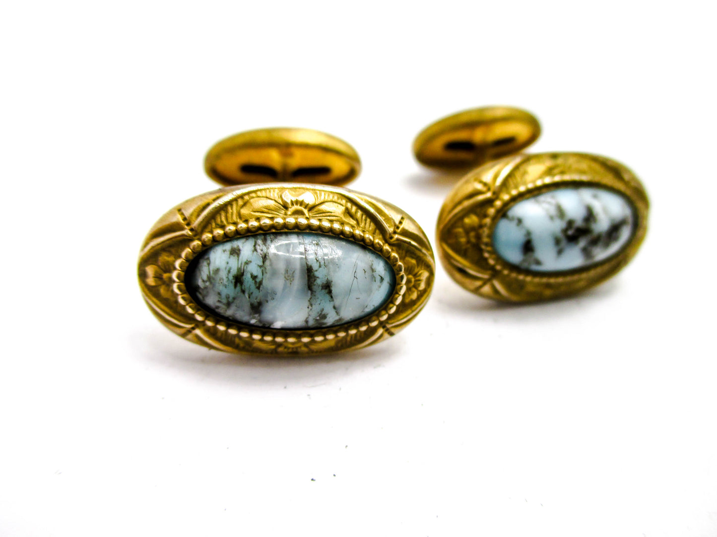 Antique Art Glass Cufflinks - Turquoise Glass