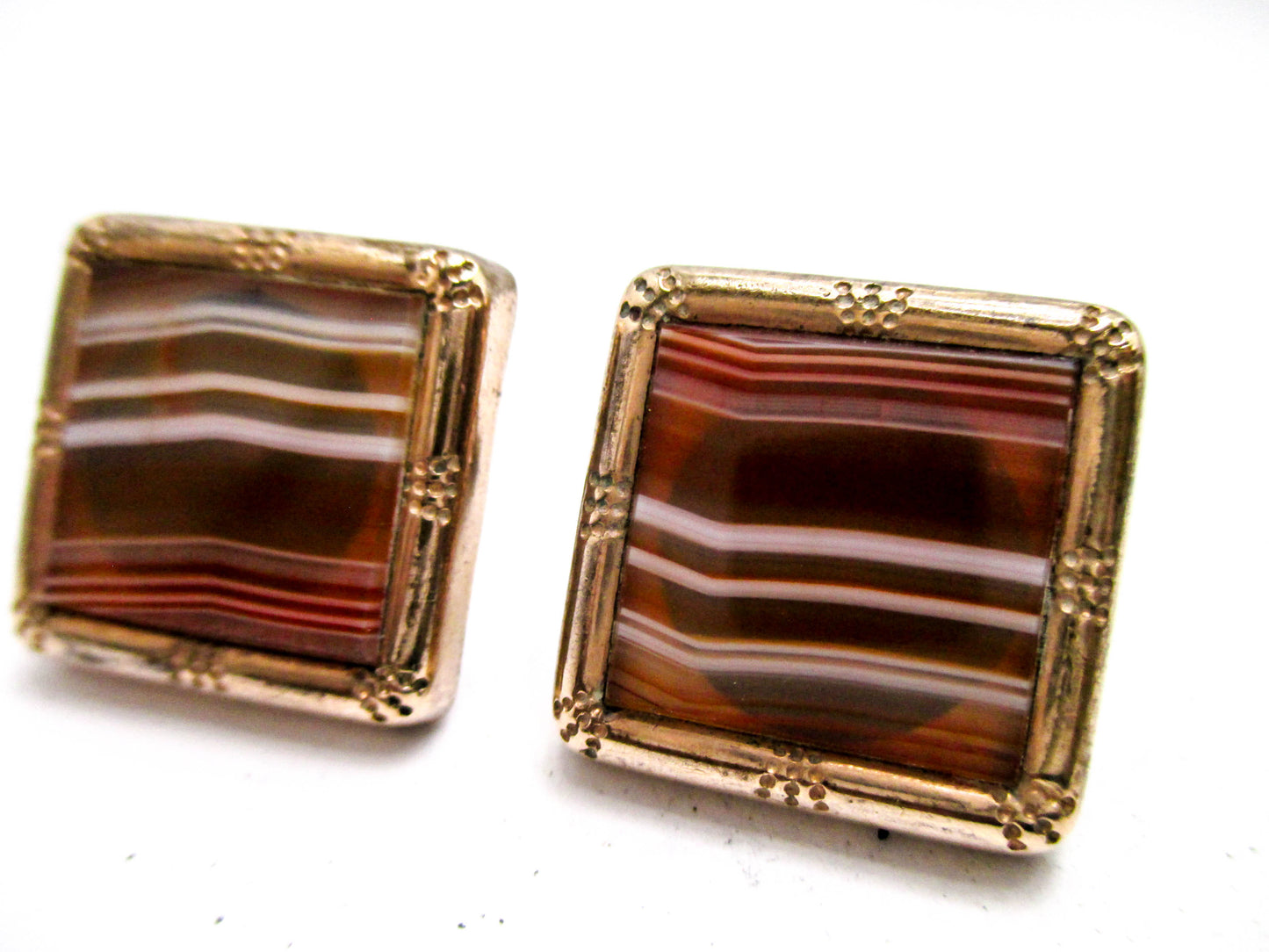 Victorian Banded Agate Cuff Buttons - Wingback Style Cufflinks