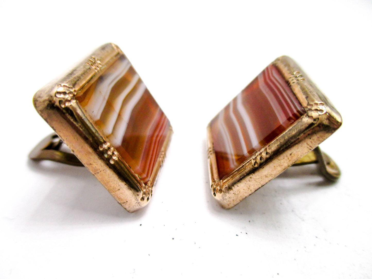 Victorian Banded Agate Cuff Buttons - Wingback Style Cufflinks