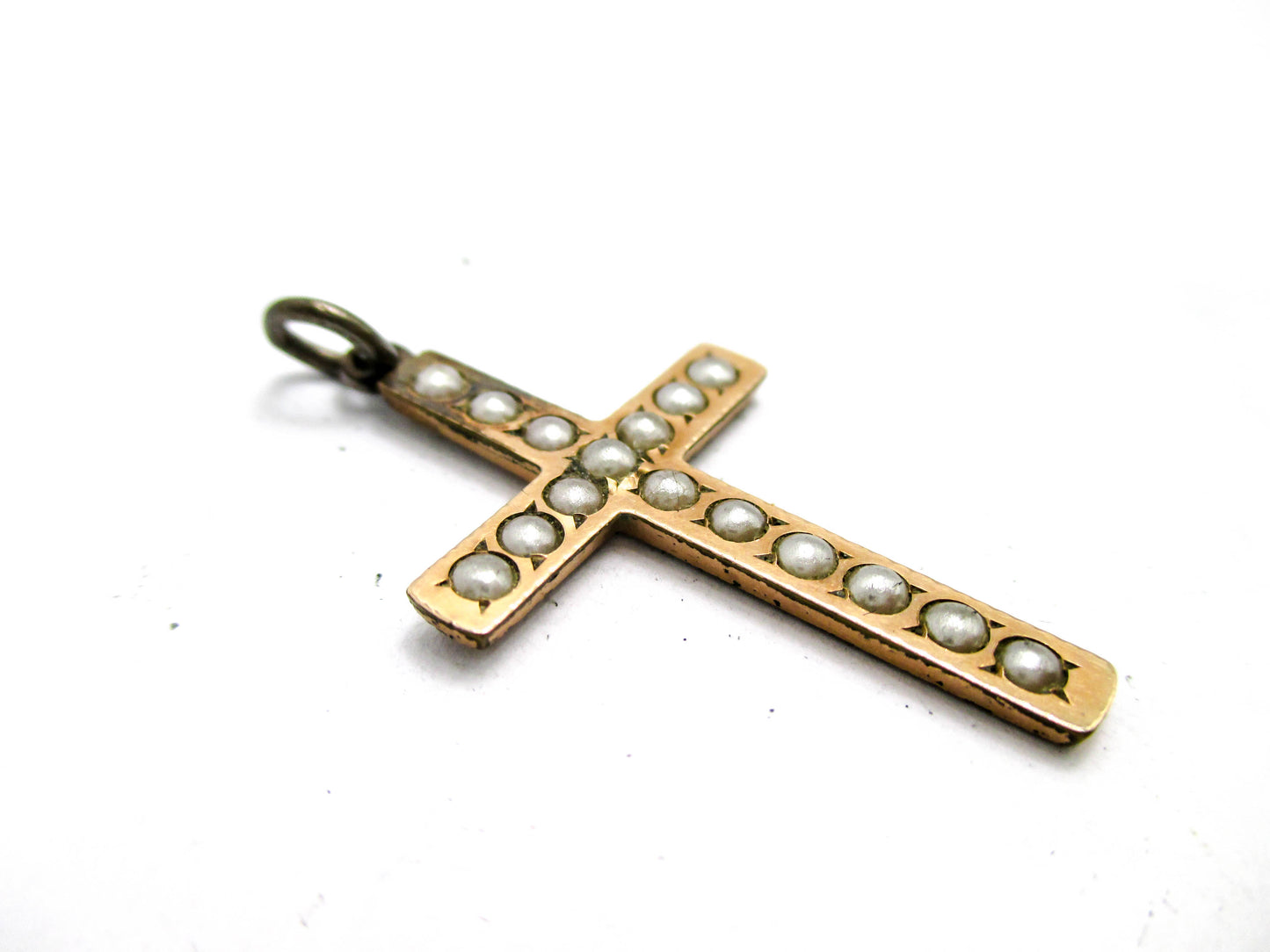Antique Rolled Gold plate Cross with Split Pearls