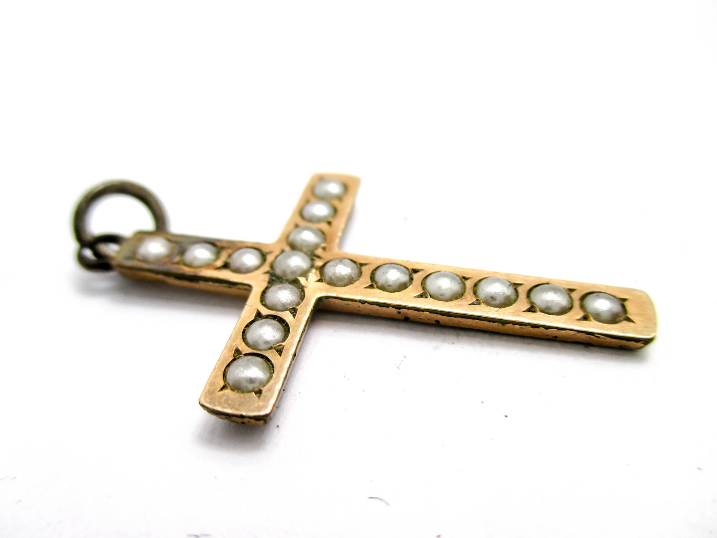 Antique Rolled Gold plate Cross with Split Pearls
