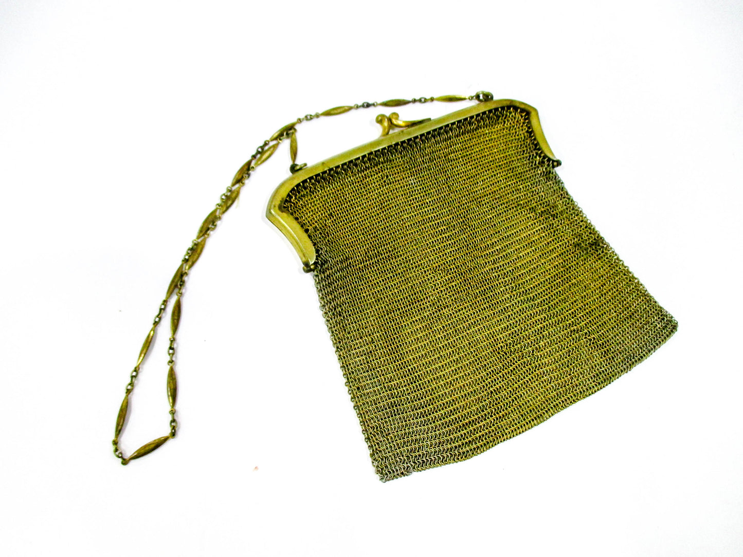Early 1900s Brass Tone Metal Mesh Evening Purse