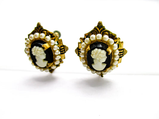Vintage Screw-back Earrings - Pearl Trimmed Costume Jewelry Cameos