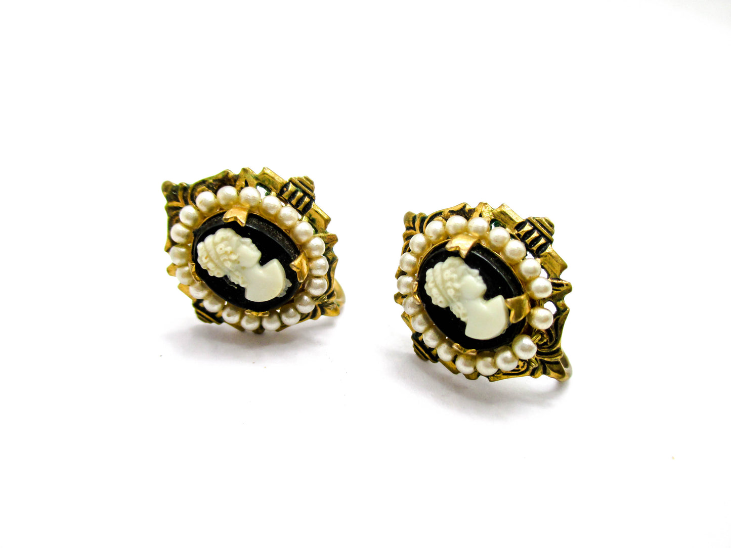 Vintage Screw-back Earrings - Pearl Trimmed Costume Jewelry Cameos