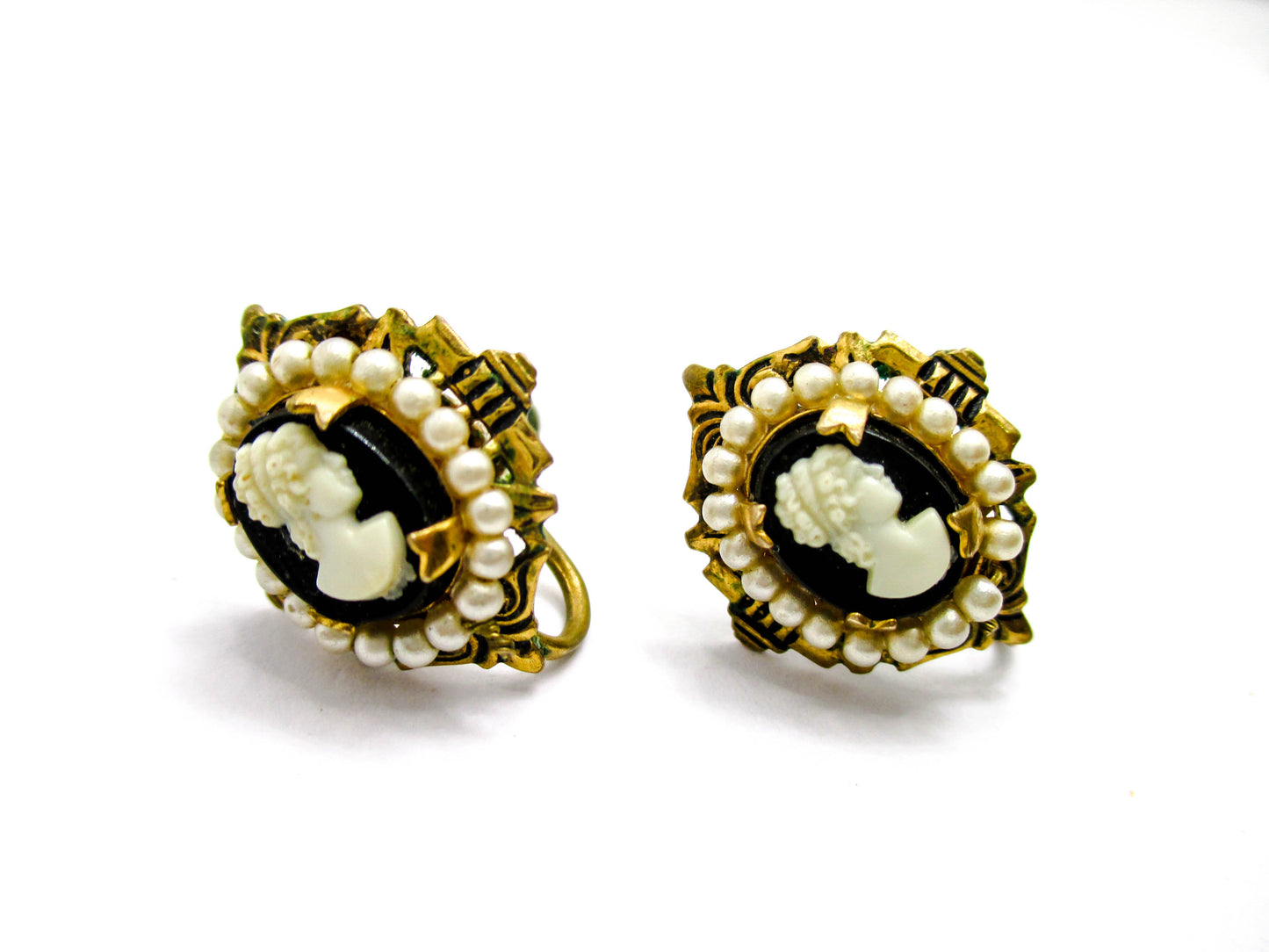 Vintage Screw-back Earrings - Pearl Trimmed Costume Jewelry Cameos