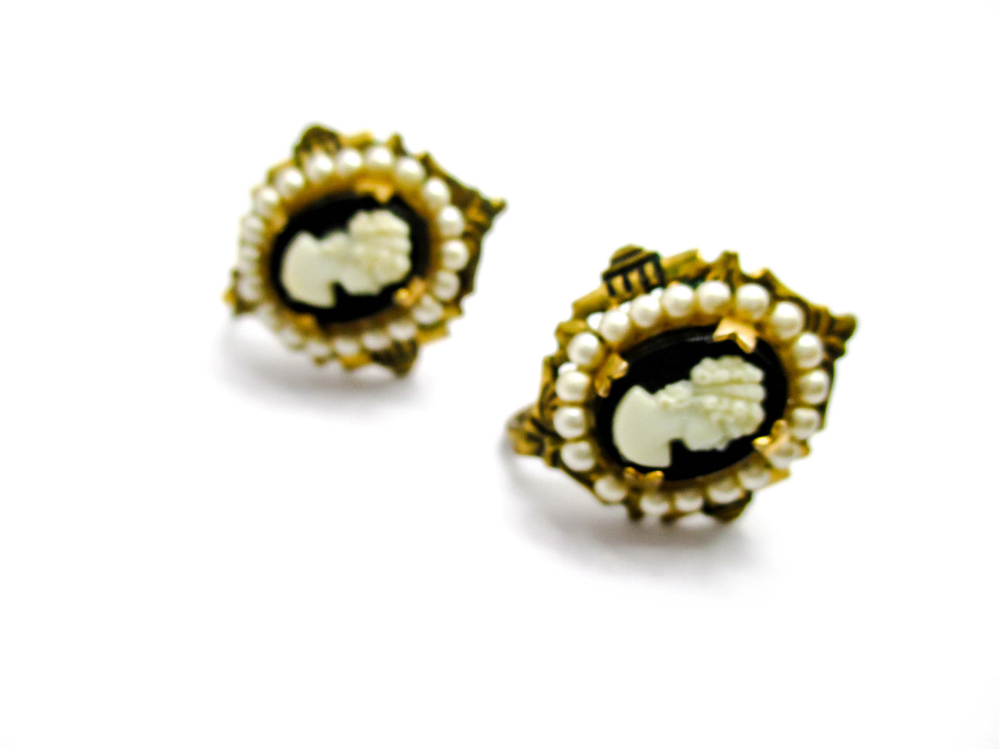 Vintage Screw-back Earrings - Pearl Trimmed Costume Jewelry Cameos