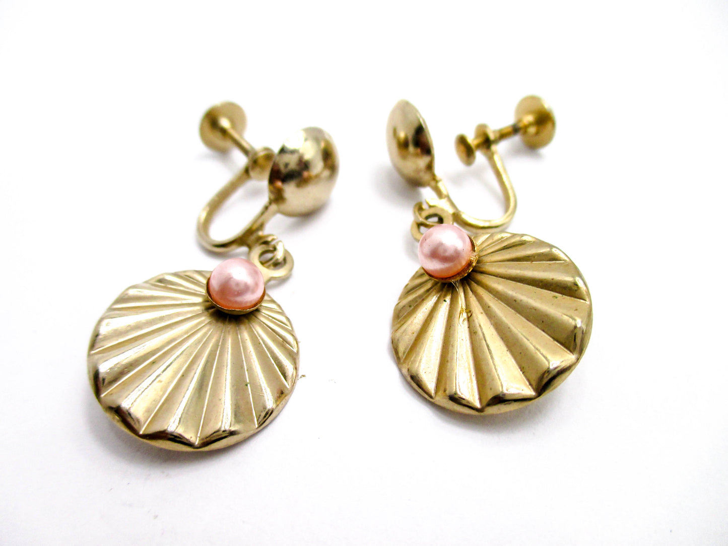 Pink Pearl on the Half Shell Screw-back Earrings - Vintage Seashore Jewelry