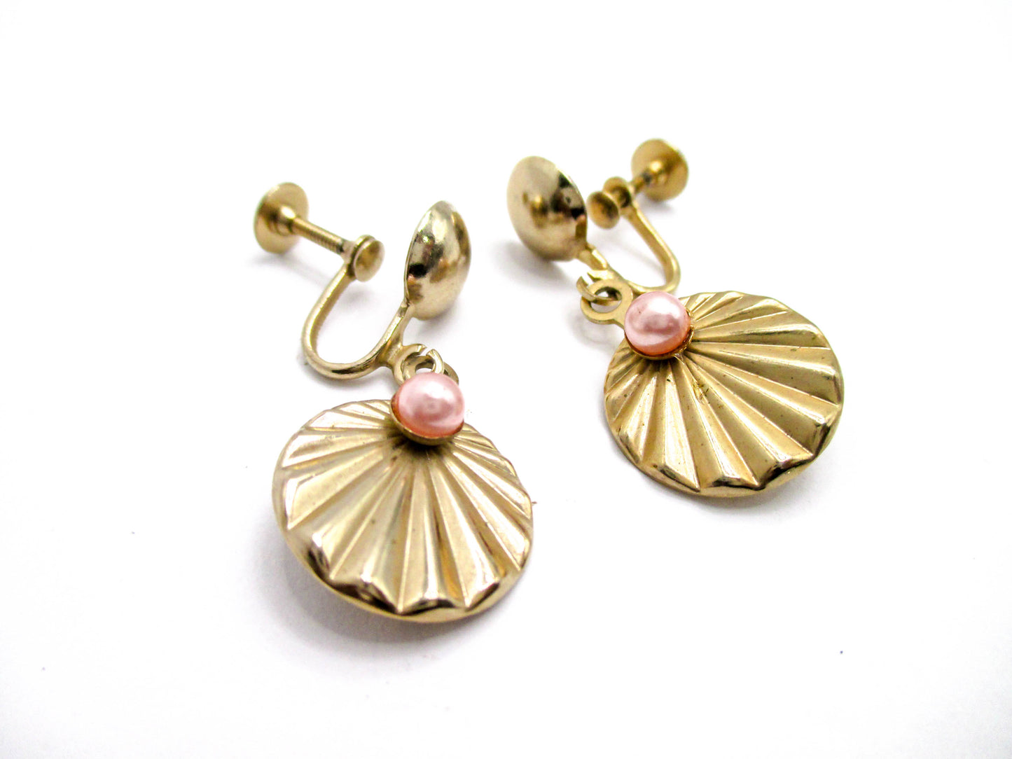 Pink Pearl on the Half Shell Screw-back Earrings - Vintage Seashore Jewelry