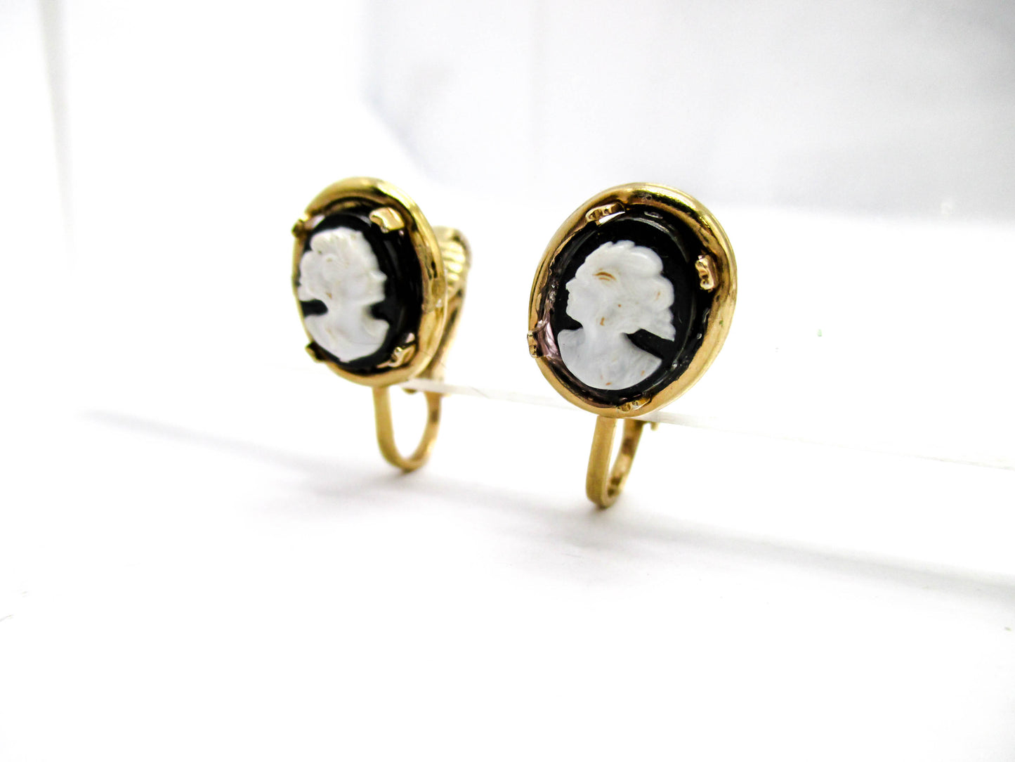 Vintage White on Black Cameo Clip-on Earrings