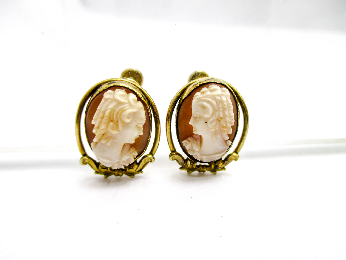 Carved Shell Gold Filled Cameo Clip Earrings