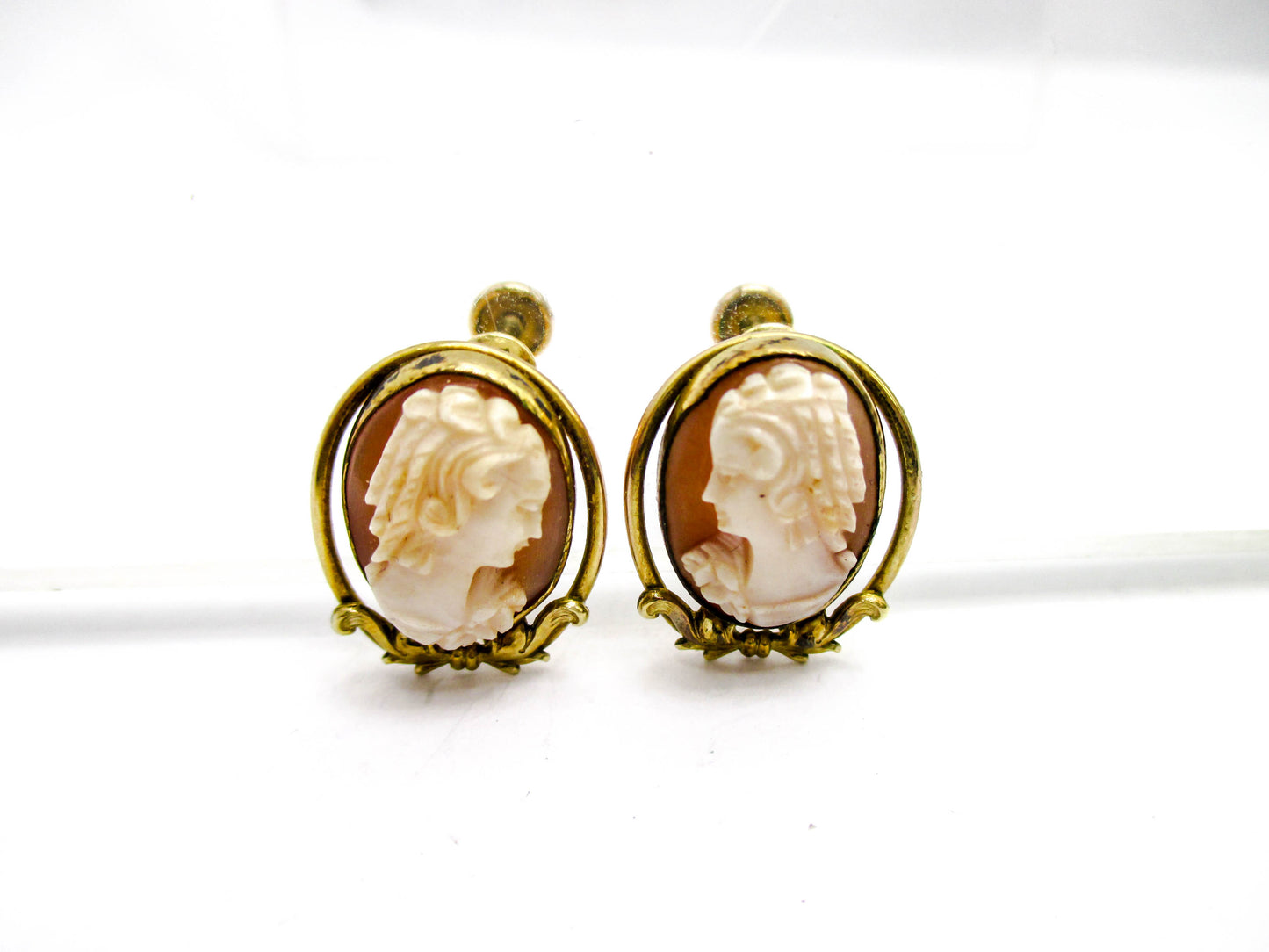 Carved Shell Gold Filled Cameo Clip Earrings