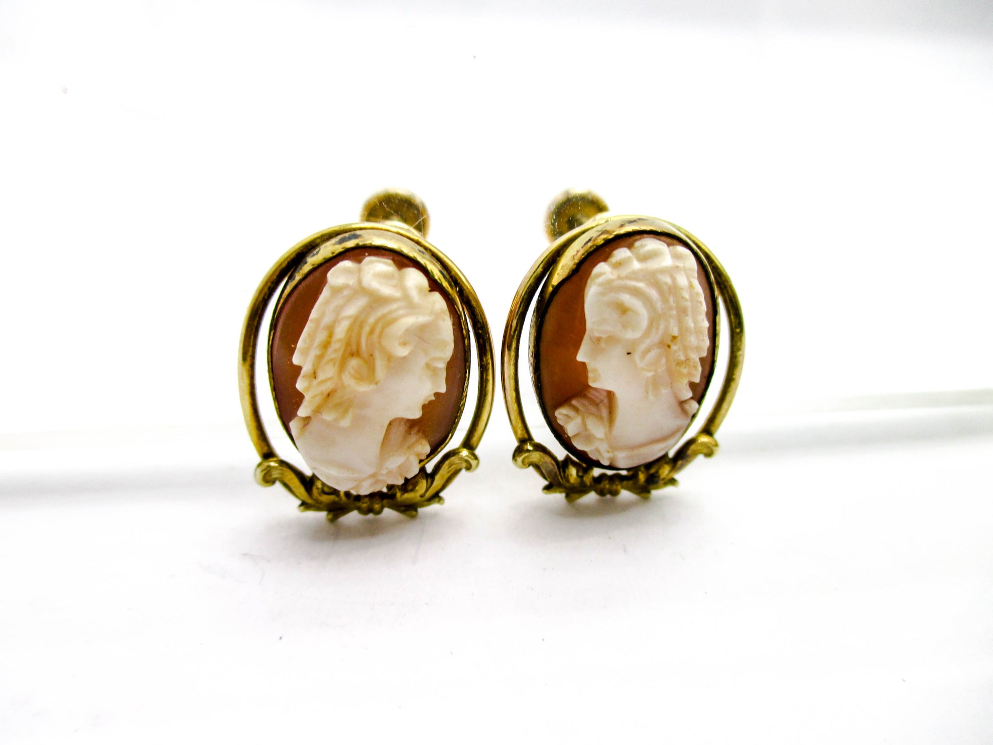 Carved Shell Gold Filled Cameo Clip Earrings