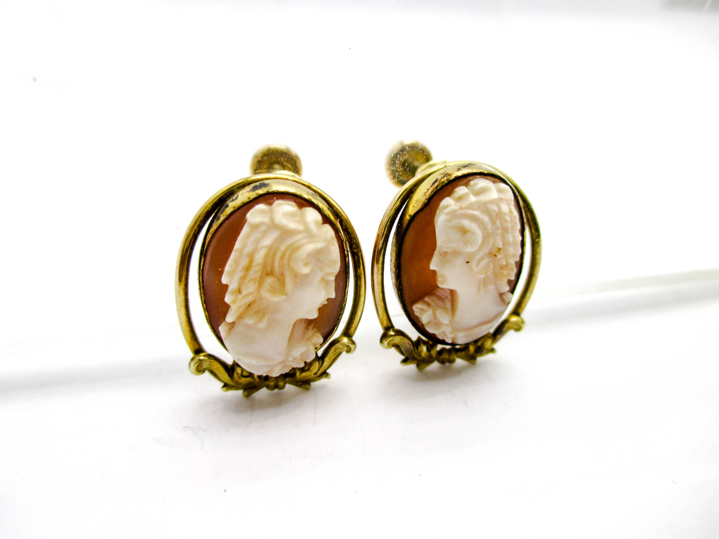 Carved Shell Gold Filled Cameo Clip Earrings