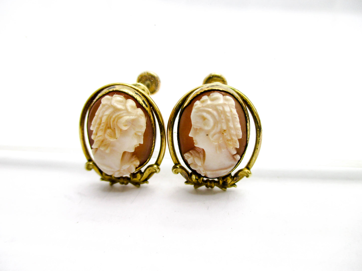 Carved Shell Gold Filled Cameo Clip Earrings