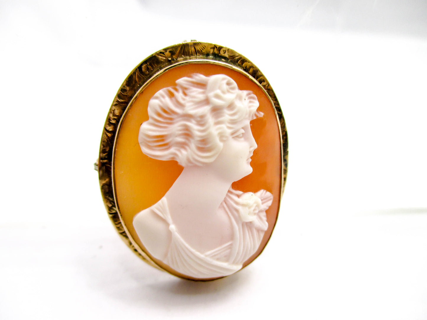 Beautiful Carved Shell Cameo Brooch Pendant Named Flora