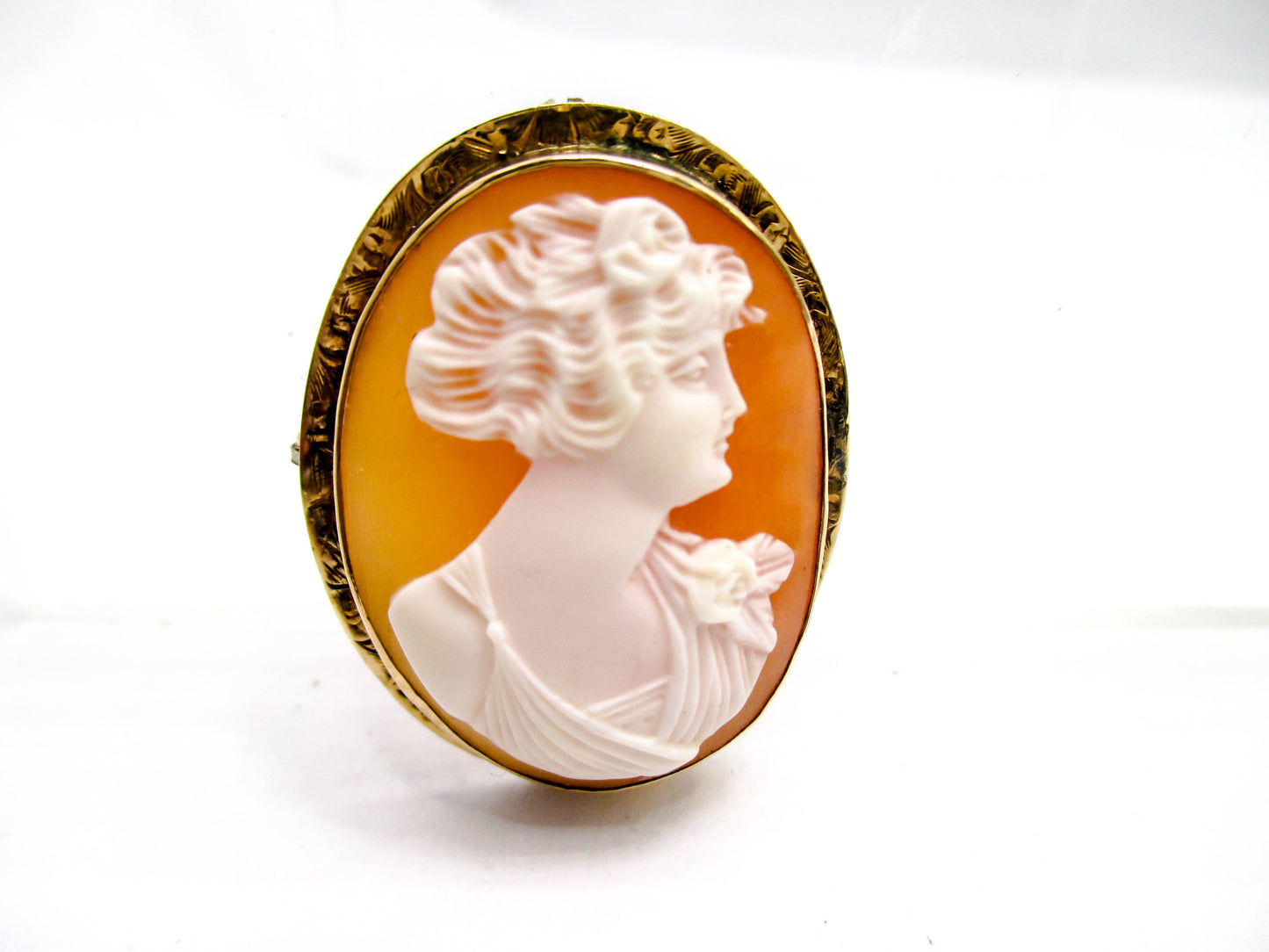 Beautiful Carved Shell Cameo Brooch Pendant Named Flora