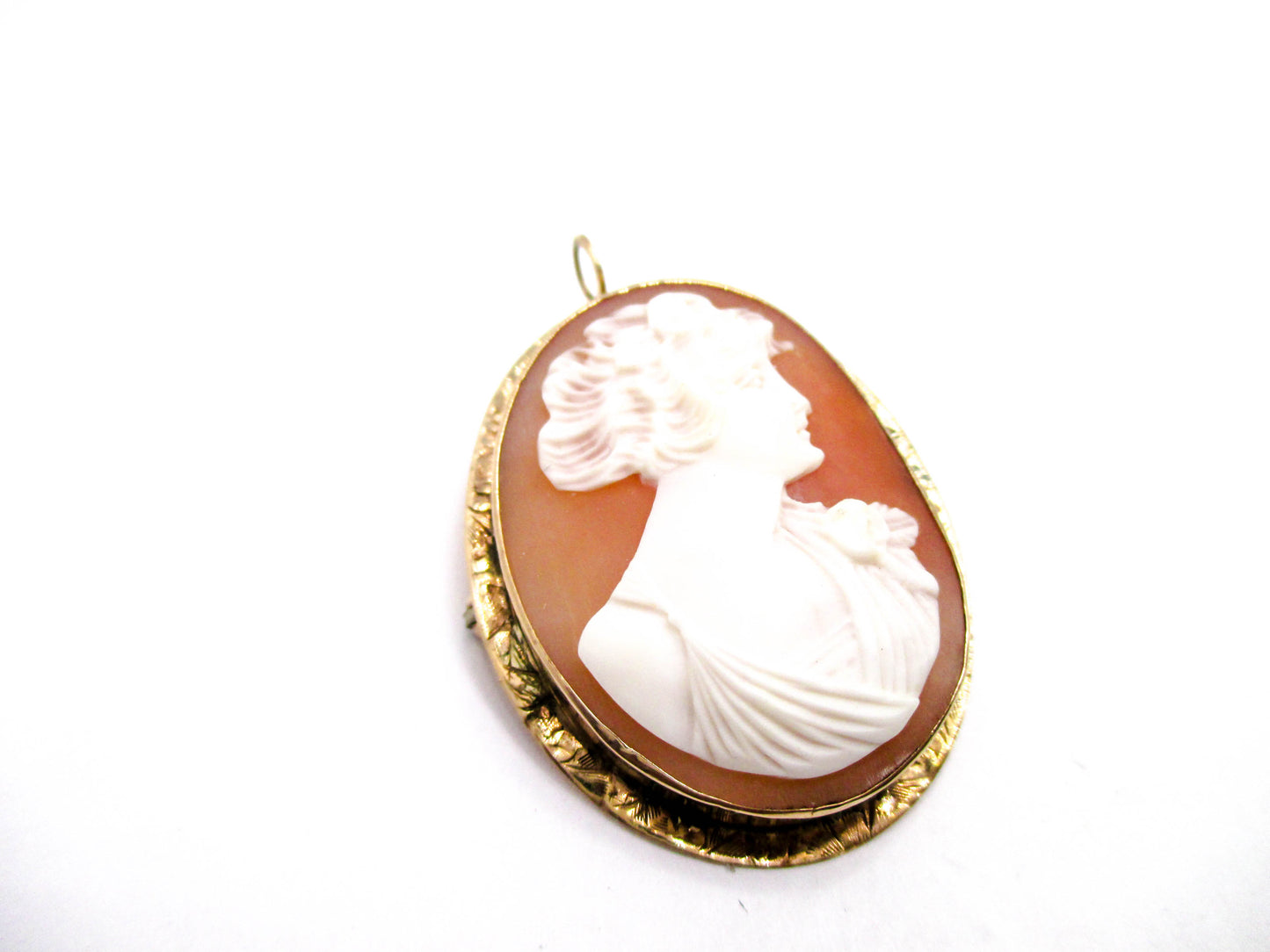 Beautiful Carved Shell Cameo Brooch Pendant Named Flora