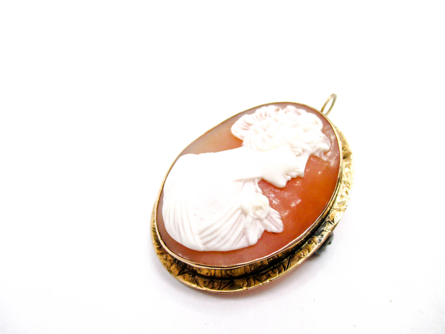 Beautiful Carved Shell Cameo Brooch Pendant Named Flora