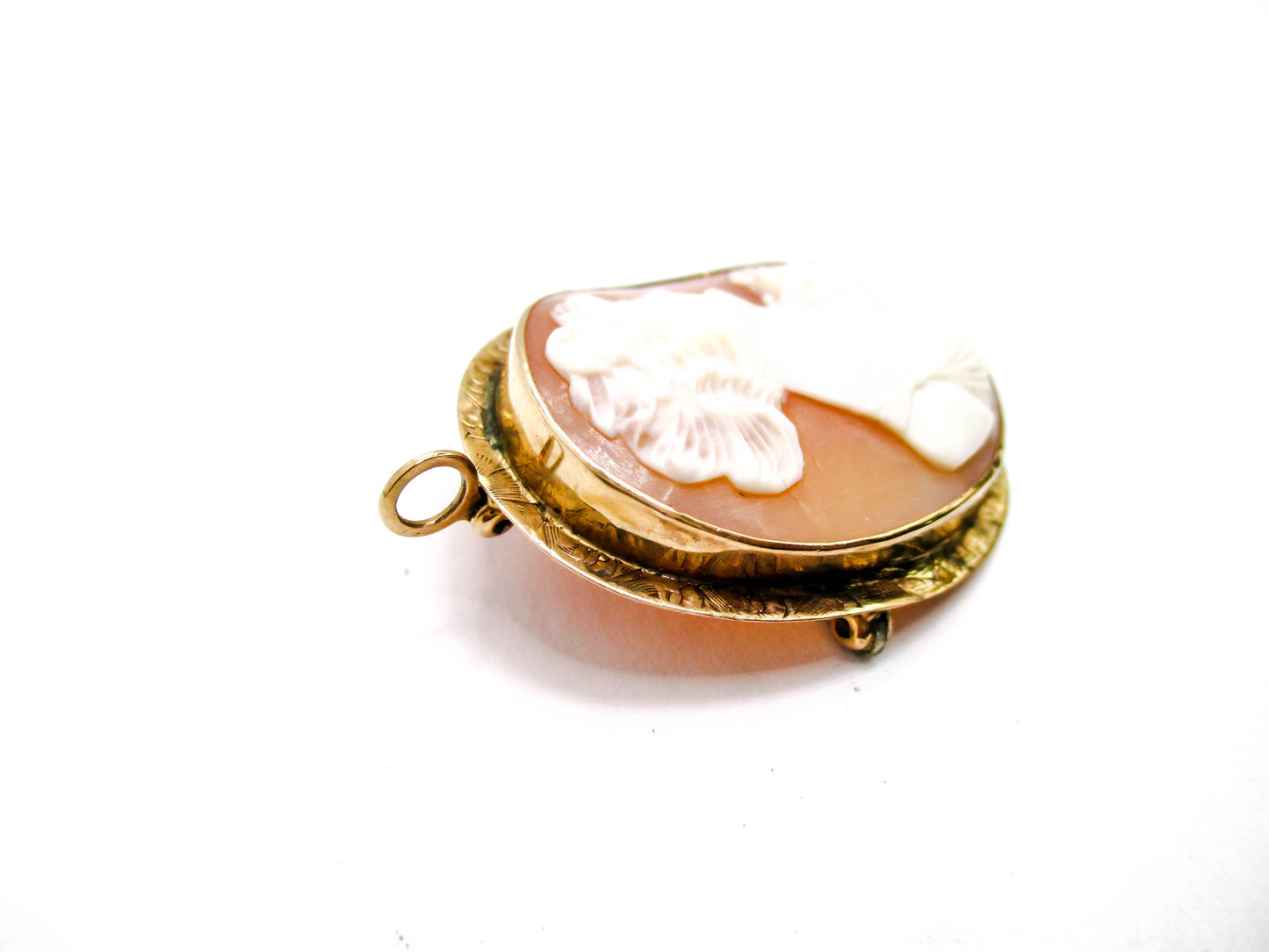 Beautiful Carved Shell Cameo Brooch Pendant Named Flora