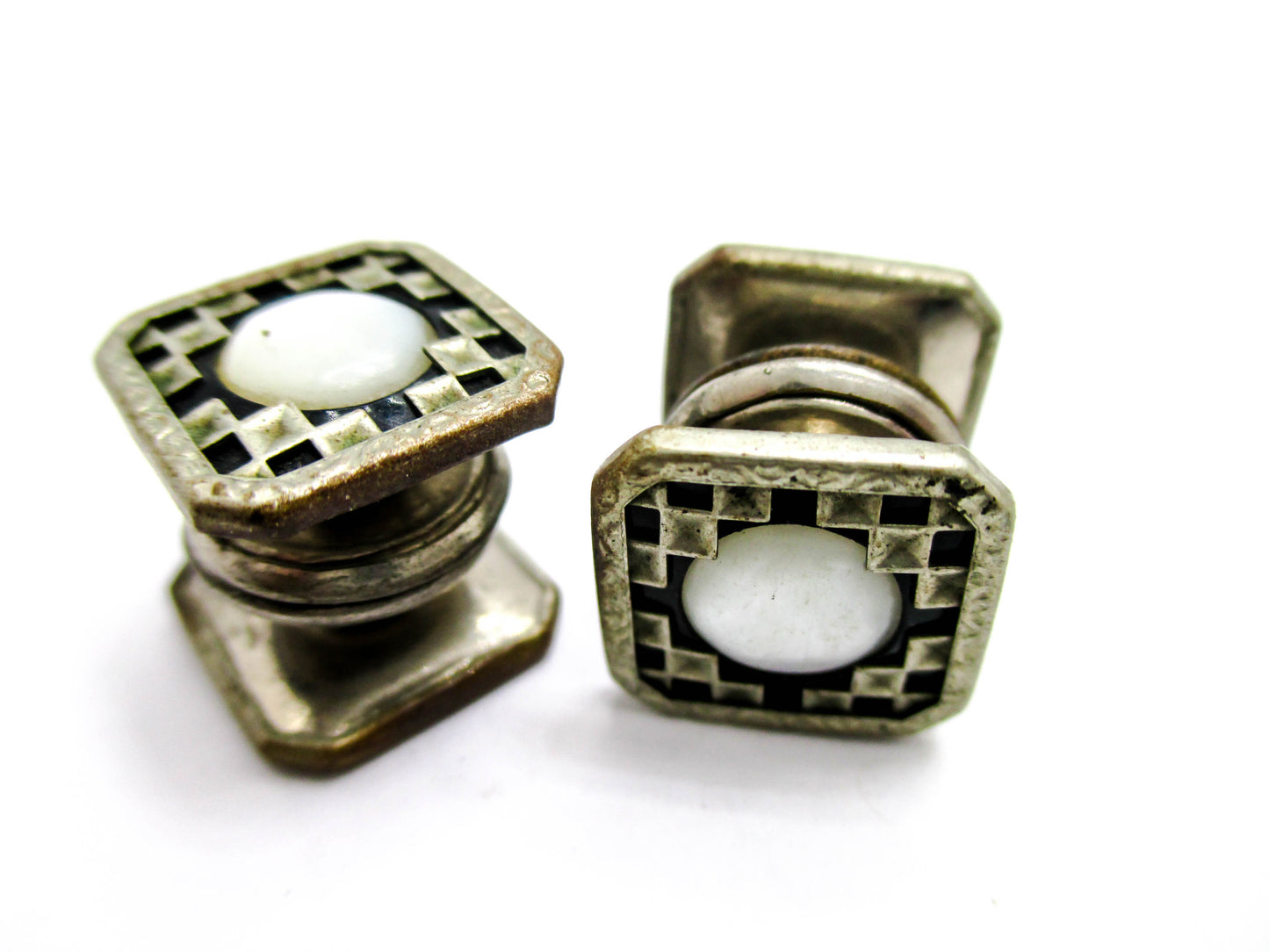 1920s Checkerboard Snap Cufflinks Signed B&W - Kum-A-Part