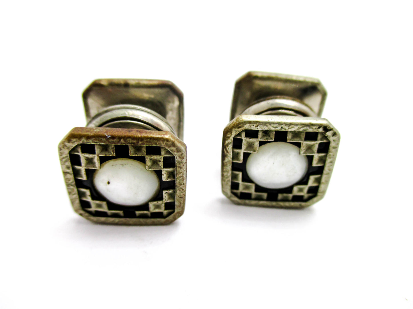 1920s Checkerboard Snap Cufflinks Signed B&W - Kum-A-Part