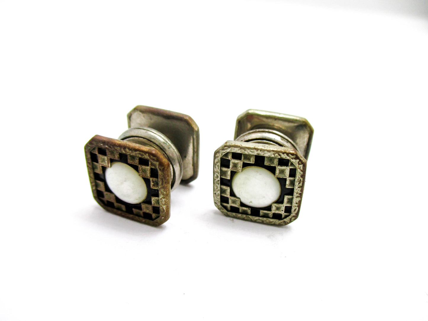 1920s Checkerboard Snap Cufflinks Signed B&W - Kum-A-Part