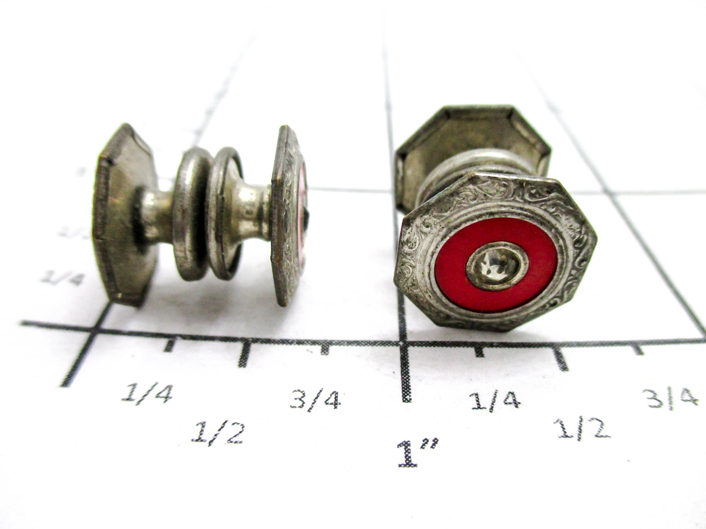 1920s Red Cuff Links with Stylish Rhinestone Centers