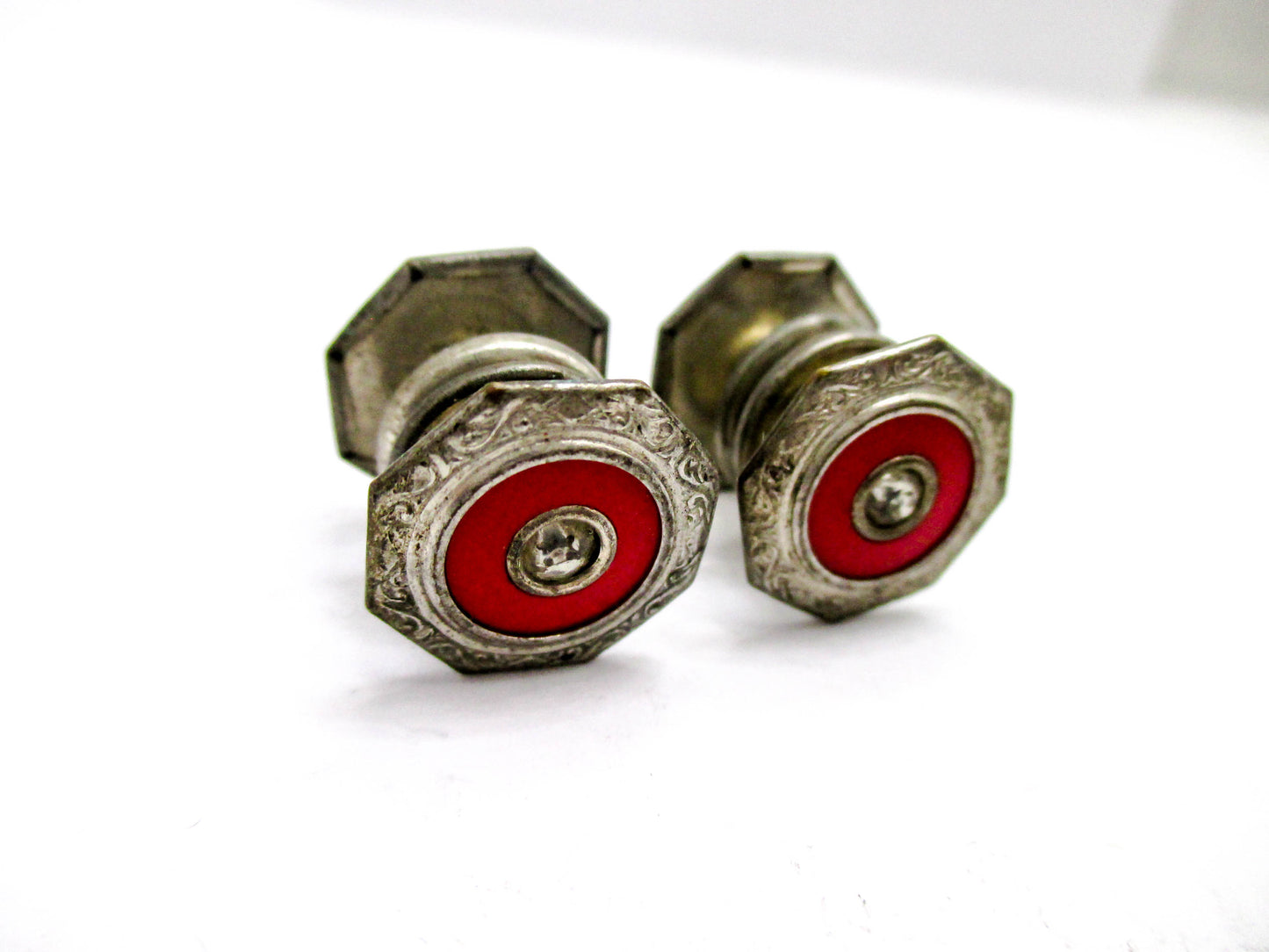1920s Red Cuff Links with Stylish Rhinestone Centers