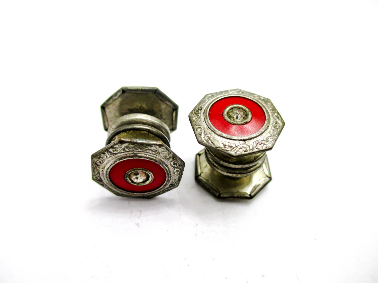 1920s Red Cuff Links with Stylish Rhinestone Centers