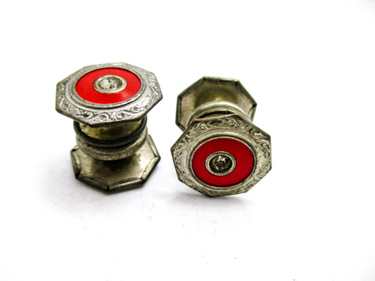 1920s Red Cuff Links with Stylish Rhinestone Centers