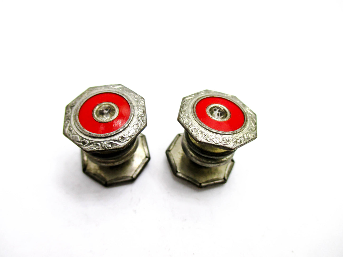 1920s Red Cuff Links with Stylish Rhinestone Centers