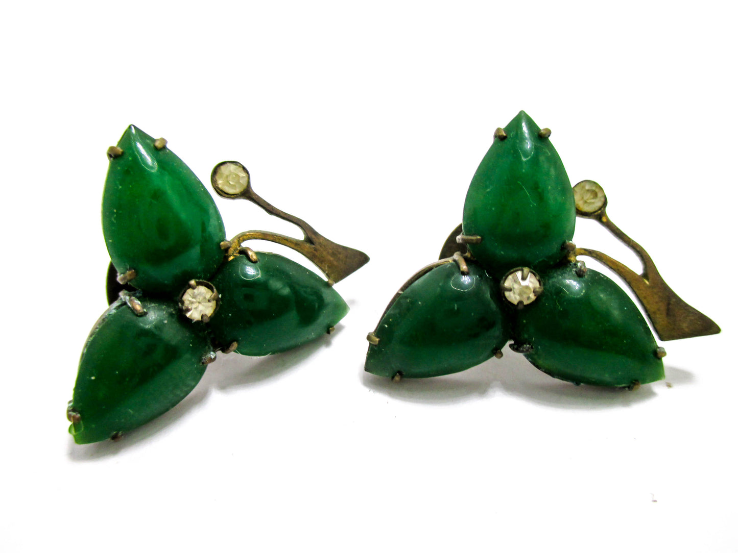 Antique Chinese Cuff Buttons - Emerald Jade Glass Leaves