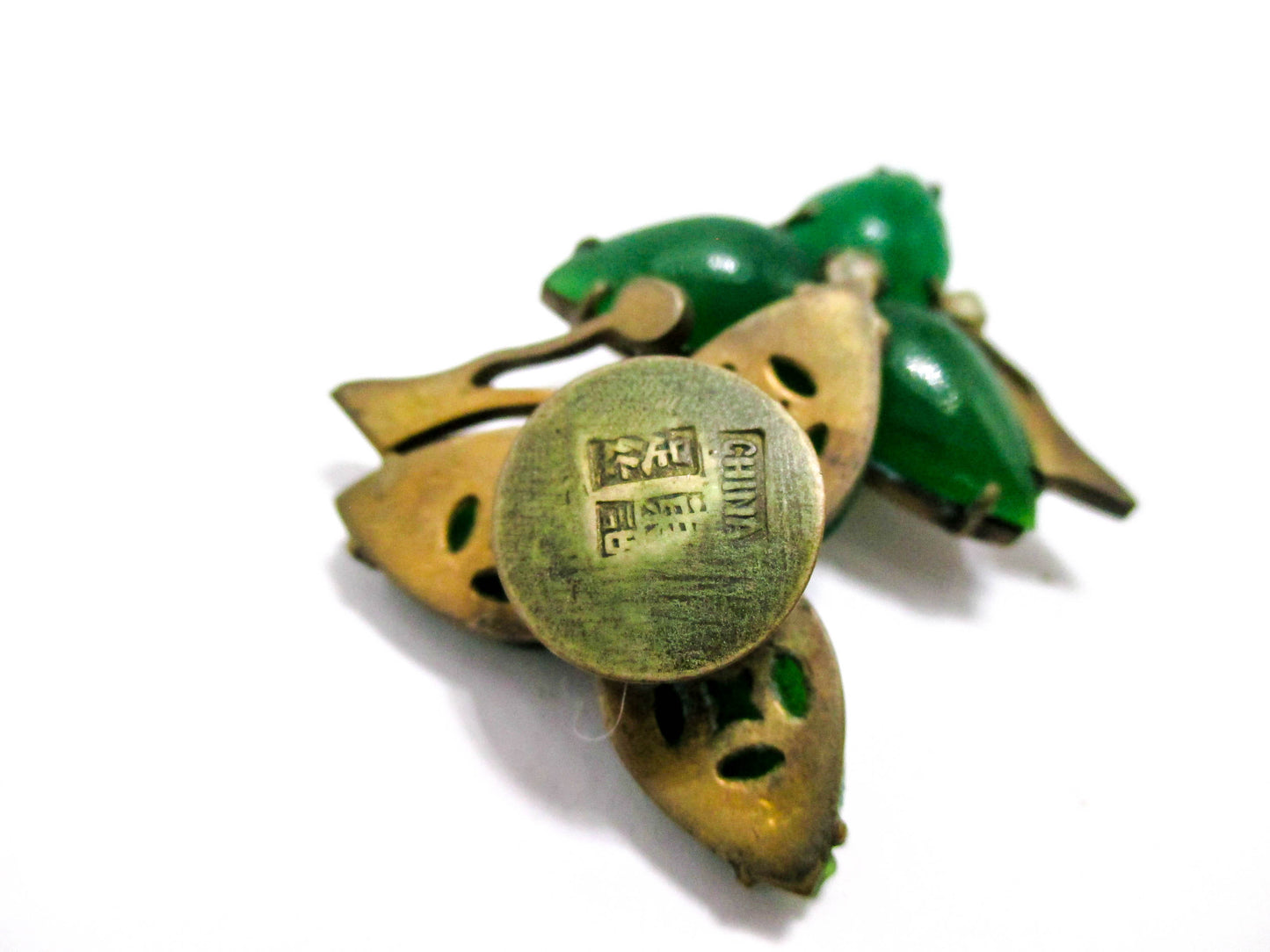 Antique Chinese Cuff Buttons - Emerald Jade Glass Leaves