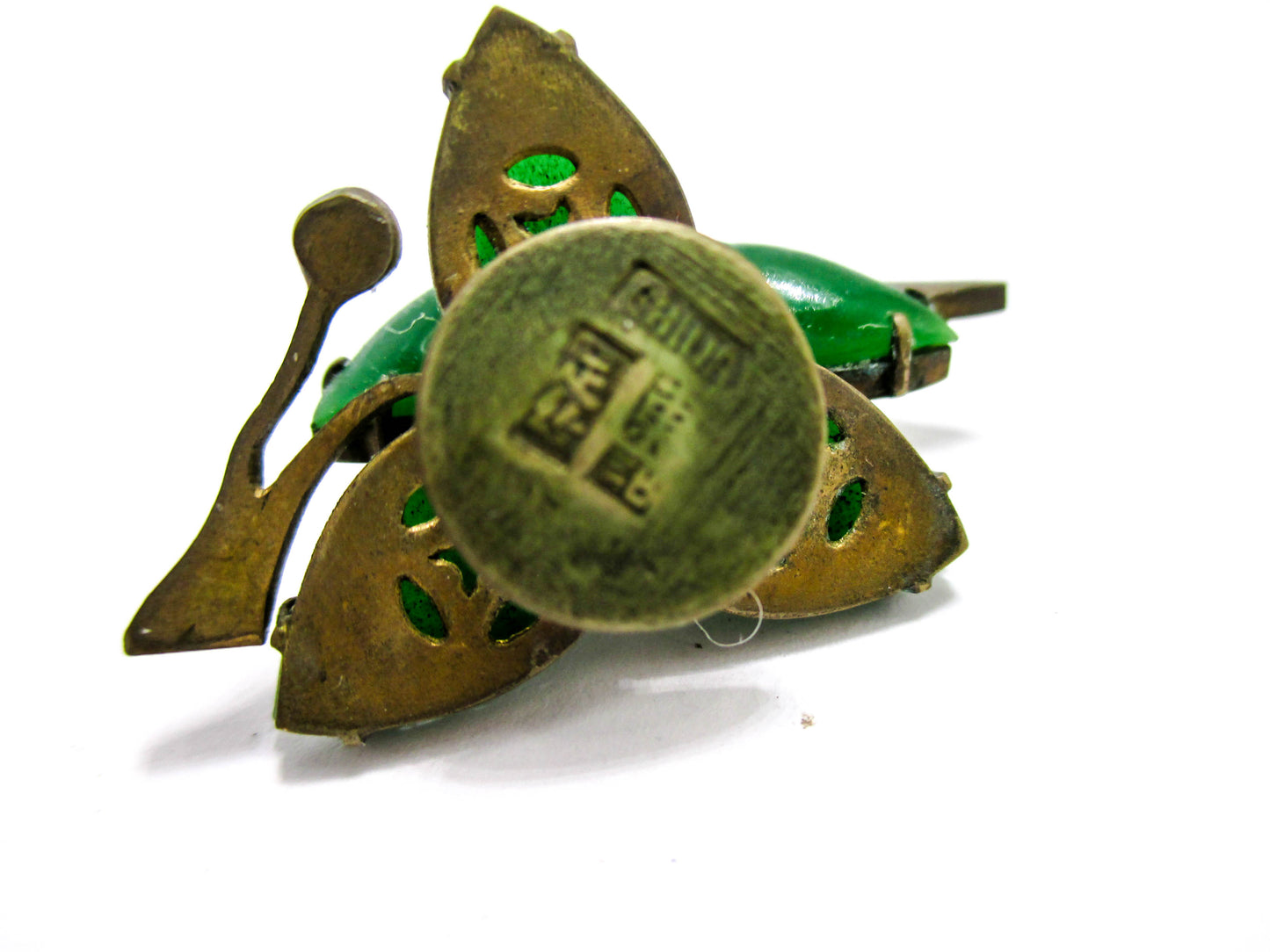 Antique Chinese Cuff Buttons - Emerald Jade Glass Leaves