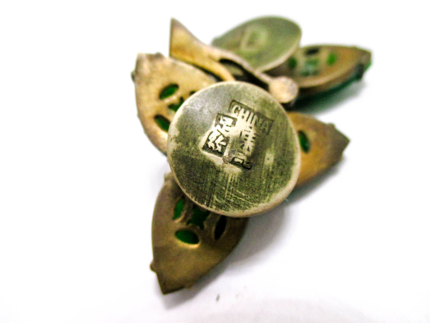 Antique Chinese Cuff Buttons - Emerald Jade Glass Leaves
