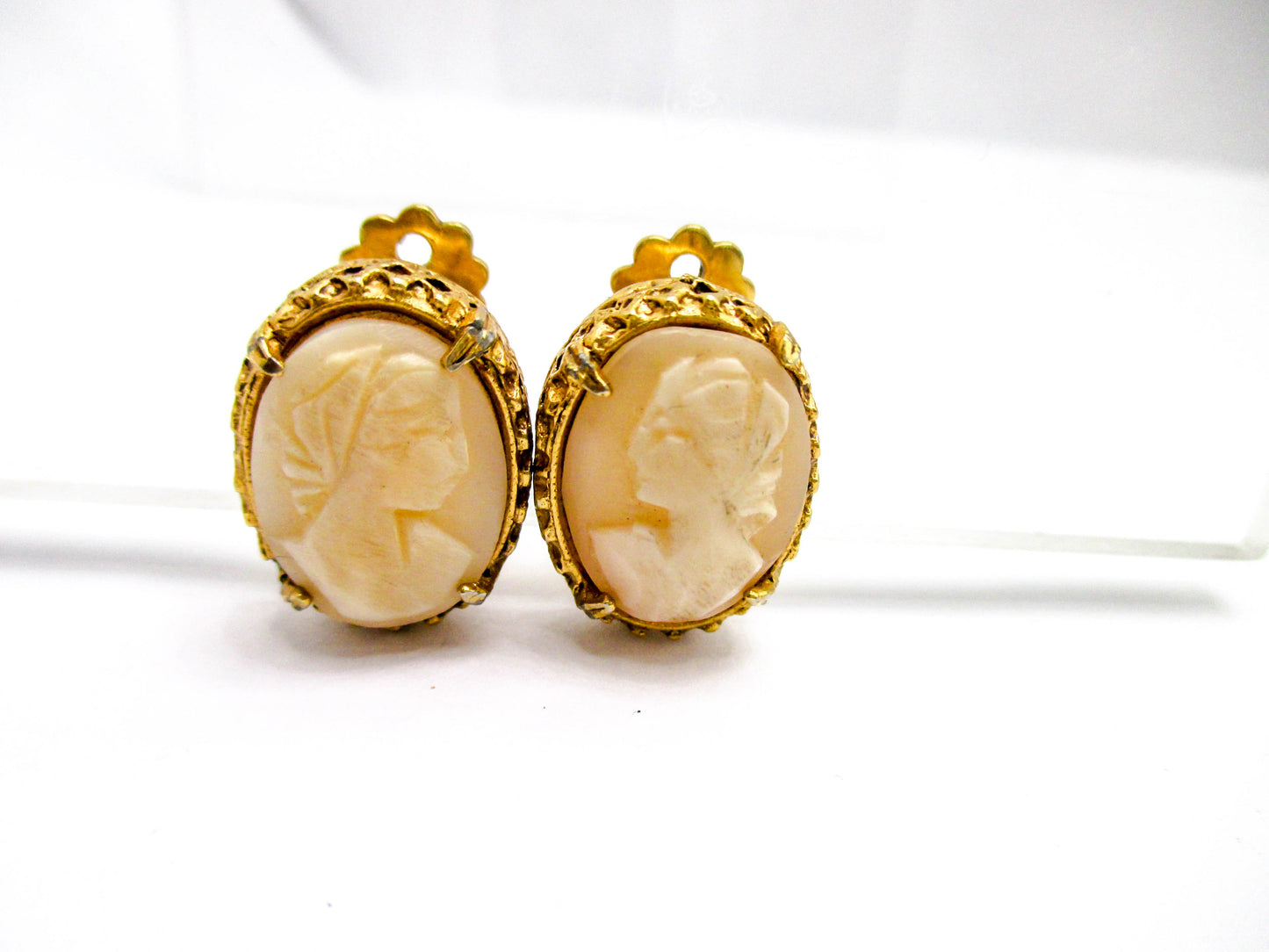 Carved Shell Cameo Clip Earrings