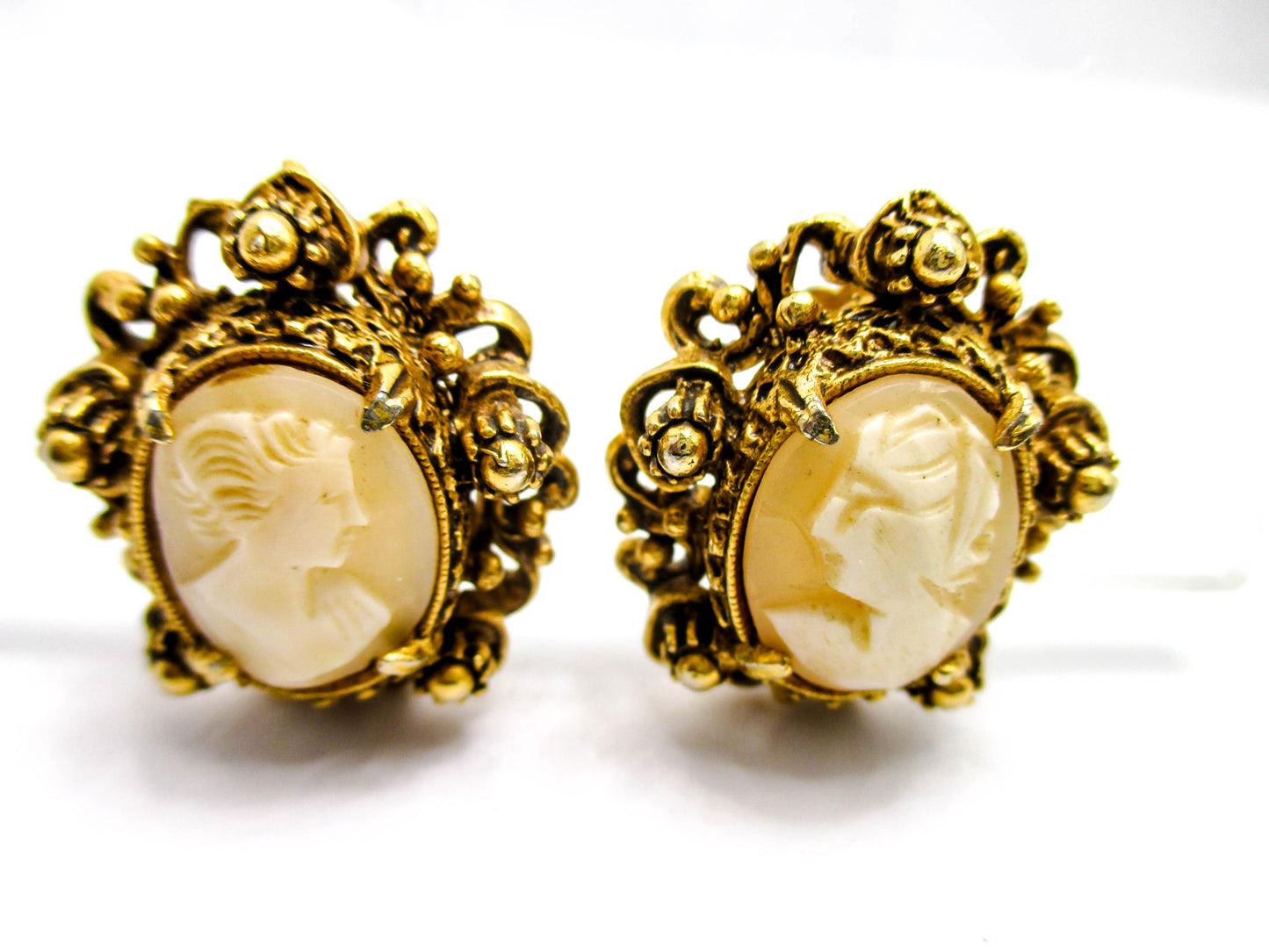 Florenza Cameo Ear Clips - Carved Shell Clip-on Earrings