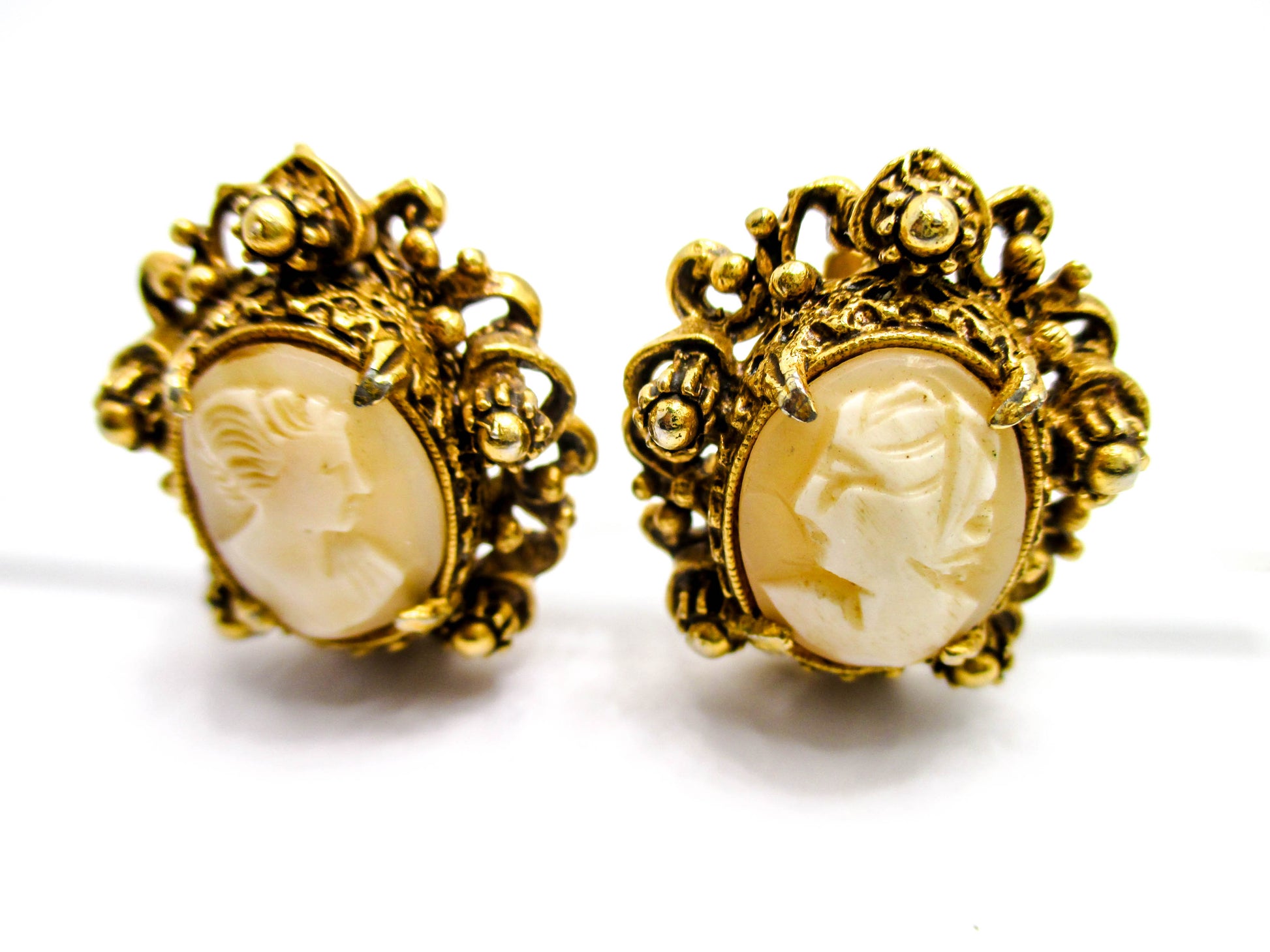Florenza Cameo Ear Clips - Carved Shell Clip-on Earrings